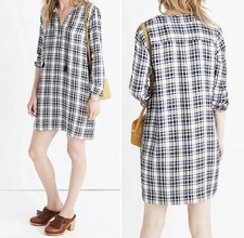 NWT Madewell Plaid Shift Dress XS Blue White Tunic Long Sleeve Casual
