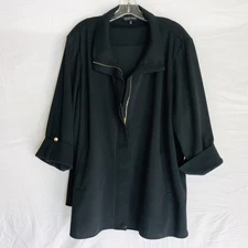 Ming Wang Jacket Womens 3X Black Zip Front Roll Tab Sleeve High Low Hem Pockets