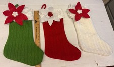 Set of 3 Knit Christmas Stockings Red Green White Poinsettia 18  Holiday Decor