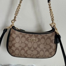Coach Teri Shoulder Bag Signature Canvas Brown Black Crossbody Bag CA548
