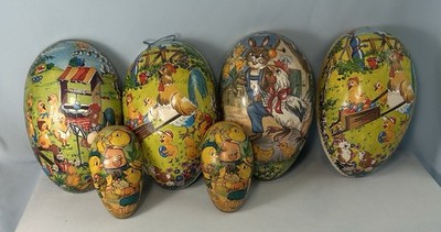 6 Vintage Paper Mache Easter Egg Candy Container HALVES Chickens Germany 10''