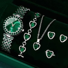 Women Fashion Watch Jewelry Set Heart Rhinestone Elegant Quartz Gift