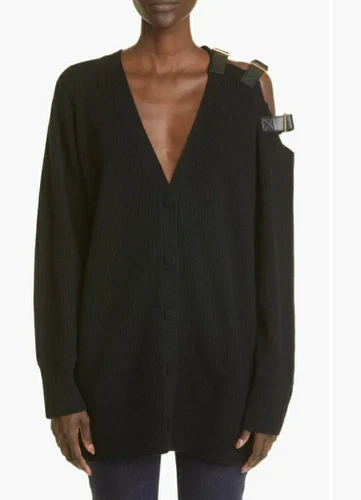 Altuzarra Black Merino Wool Cashmere Belt Buckle Shoulder Cardigan Large