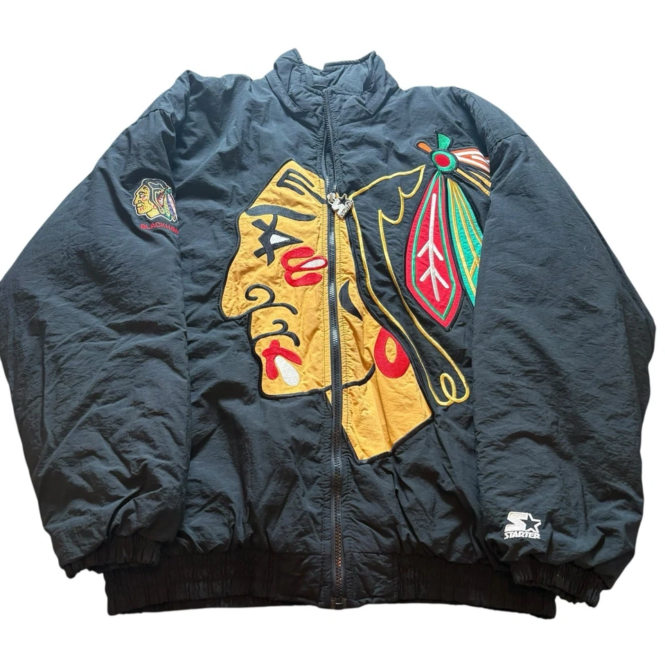 Винтажный большой лицо Chicago Blackhawks НХЛ стартер мужской большой пуховик куртка редкая - Изображение 2 из 4