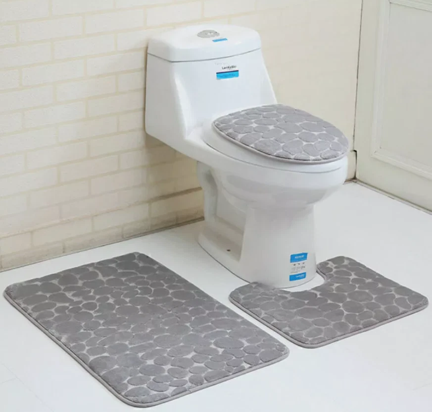3 Teilig Set Badezimmerteppich Badematte Rutschfeste Toilettensitzbezug - Bild 3 von 3