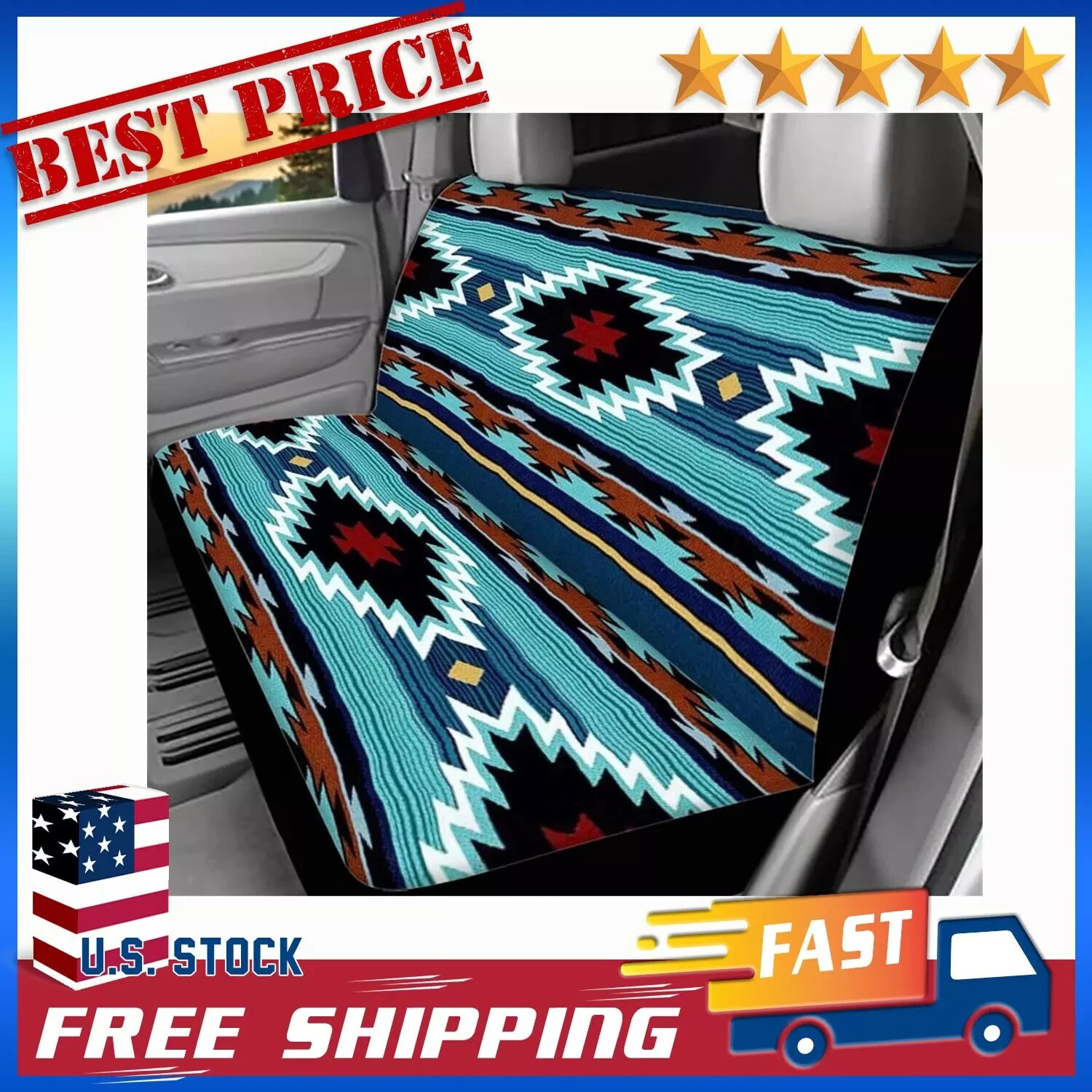 WELLFLYHOM Aztec Print Universal Rear Split Bench Seat Cover for Cars Truck SUV