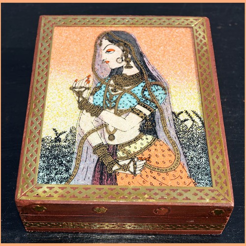 Wooden jewelry box with glass gem stone painting and brass border from India! - Picture 1 of 6