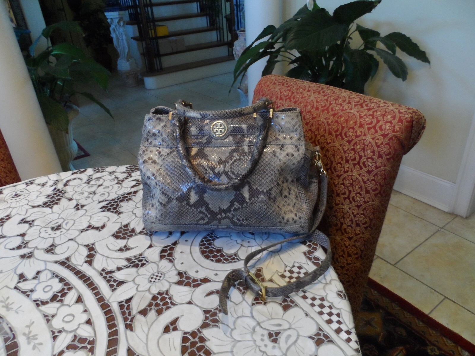 Tory Burch Gray Python Embosed Leather Shoulder B… - image 15