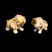 Vtg Pr of Handpainted Elephant Figurines Applied Flowers on Handmade in Korea