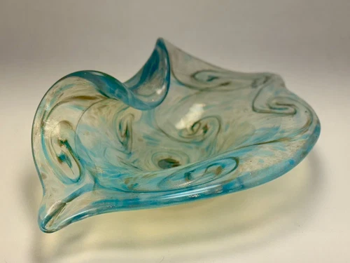 Vintage Murano Art Glass Freeform Bowl 11.5” Aqua Swirl MCM Made In Italy