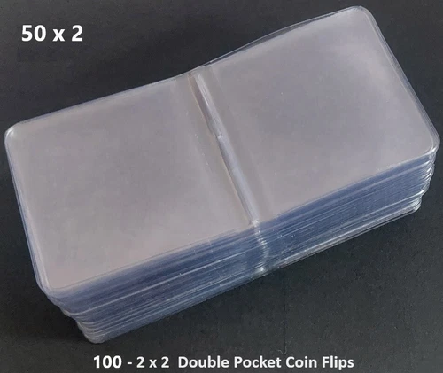 100 Double Pocket Coin Cases 2 x 2 - For Store, Protect & Display