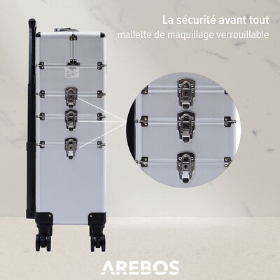 Valise à Roulettes AREBOS 4 En 1 Pour Coiffeur - Poignée Extensible, 8 Serrures, 66L, Aluminium