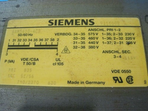 SIEMENS 4AM5410-4CB TRANSFORMER 9111098 115V PRI 835 SEC 51/56 740/2370 PRI 1-2 - Picture 4 of 12