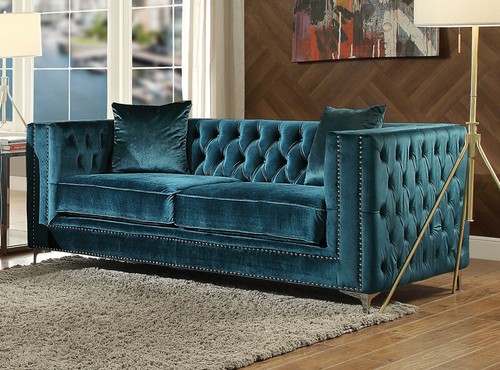 NEW Mid-Century Modern Living Room 2 piece Dark Teal Velvet Sofa Couch Set IGAZ - Picture 3 of 5