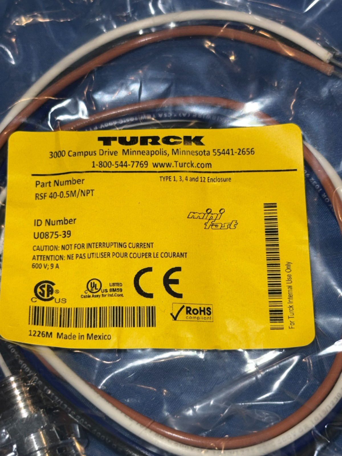 TURCK Minifast Receptacle Connector RSF 40-0.5M/NPT (U0875-39) 600V 9A 4 Prong