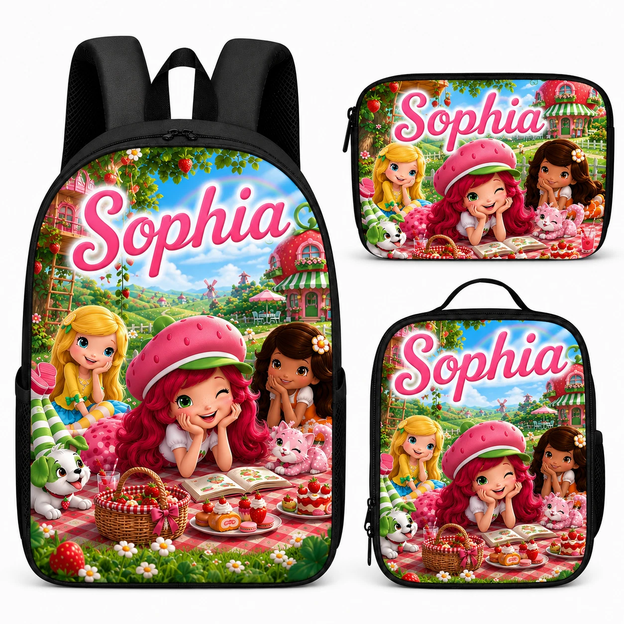 Personalized Strawberry Girls Backpack Set, Custom Name School Bag, Lunch Bag &