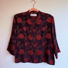 Vintage Chinese Silk Brocade Mandarin Jacket with Frog Closures in Black  Red