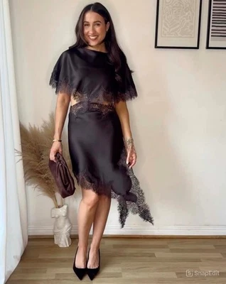 NEW WOMAN ASYMMETRIC COLL LACE CUT-OUT DRESS DK.BROWN SR 5919-213-716 UNBRANDED