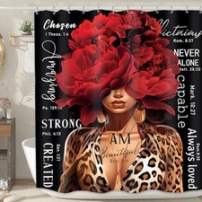 Red Rose Shower Curtain 60Wx72H Leopard Black Girl Peony Floral Shower