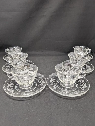 SET OF 6! Teacups & Saucers HEATHER by Fostoria Etched Depression Glass Tea Cup