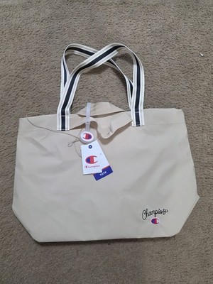 Champion Beige Tote Bag Zip Closure Embroidered Logo Pockets Key Clip