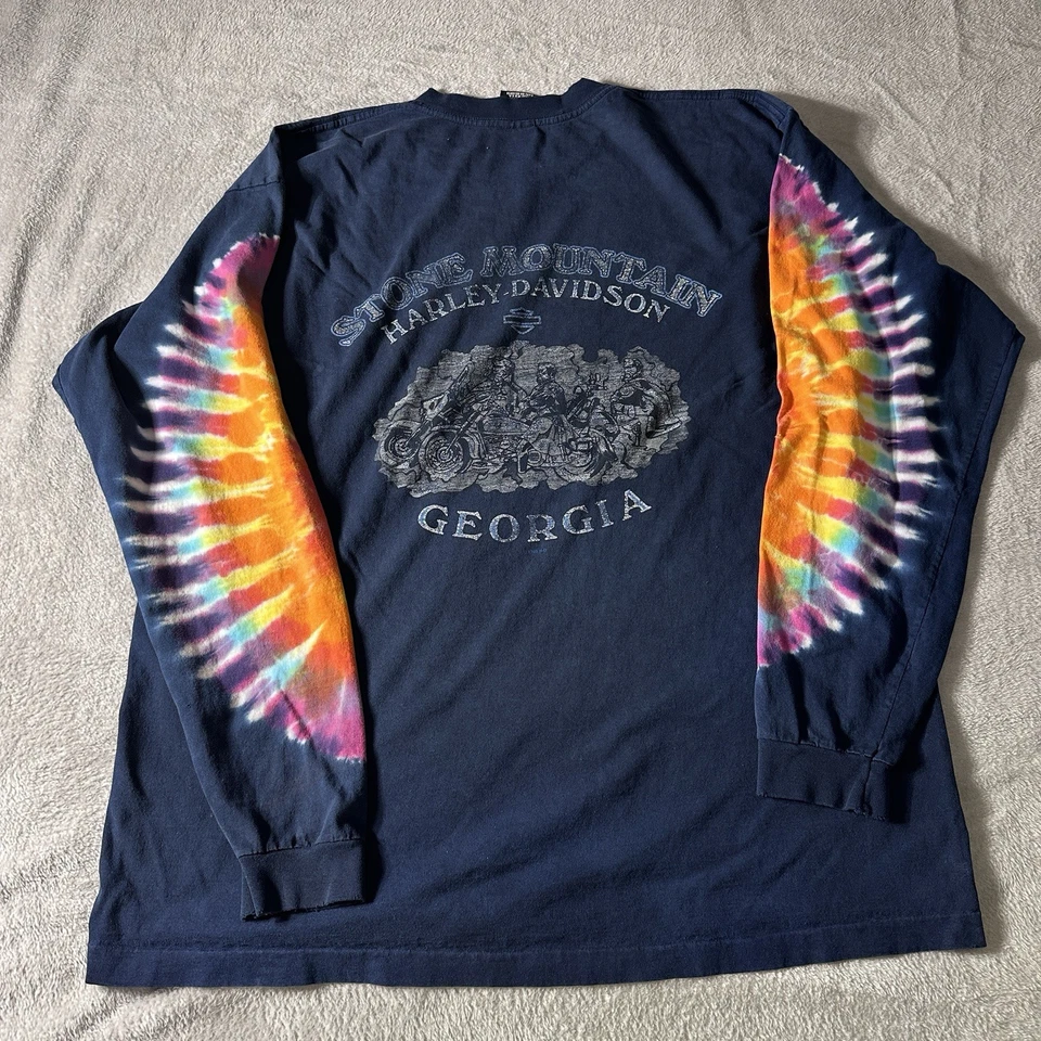 Camisa masculina vintage Harley Davidson azul marinho GG feita nos EUA tingida de gravata LS anos 90 - Imagem 3 de 4