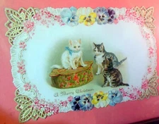 Vtg Antique CAT Merry CHRISTMAS CARD Framed under glass PANSIES