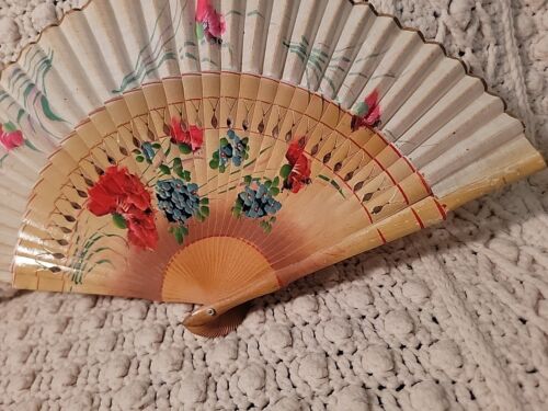 Vintage Hand Fan, Hand Painted Pink & Blue Flowers On Fabric & Wood Arms, W/ Bag - Picture 3 of 15