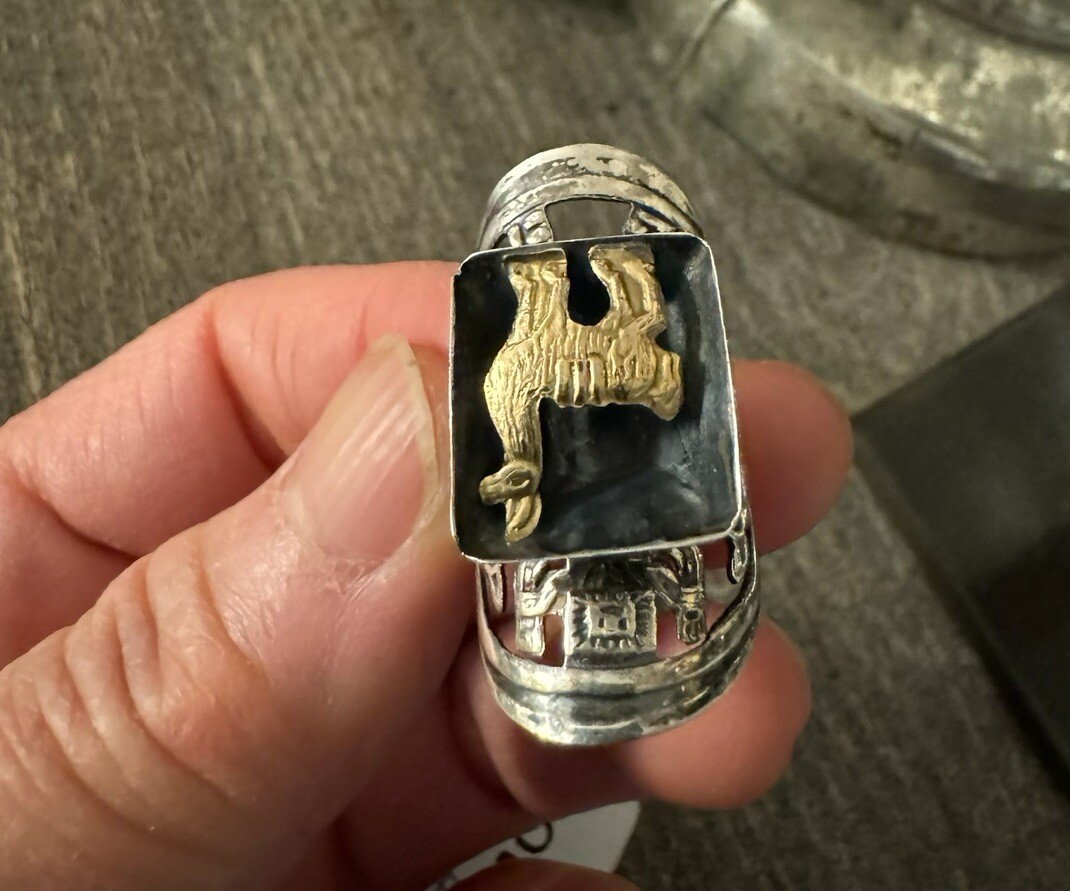 Adjustable 18k Yellow Gold Lama Llama Sterling Silver Ring Bird Lion Head Carve