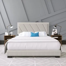 Queen Upholstered Platform Bed Frame with Geometric Wingback Headboard, Beige