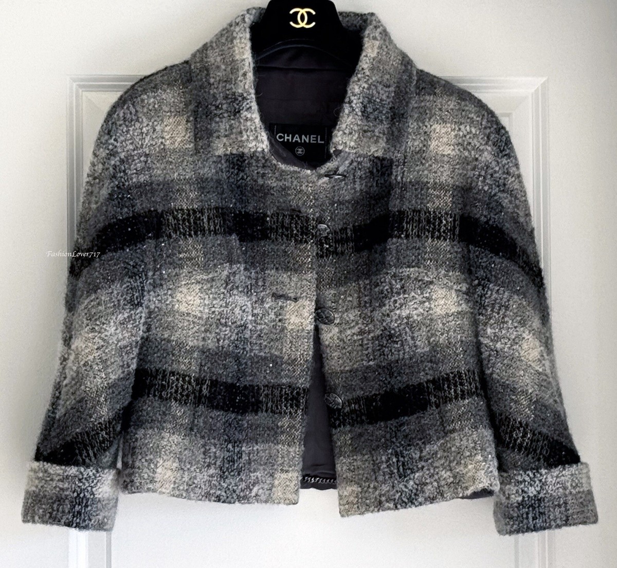 $5750 CHANEL 18B GREY BLACK ECRU CC BUTTONS WOOL FANTASY TWEED