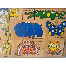 Vintage Wooden Animal Puzzle Blocks Set - Educational  Fun Toy