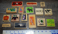 Halloween Wood Rubber Stamp Lot 16 Total Spooky Haunting Quirky Fun