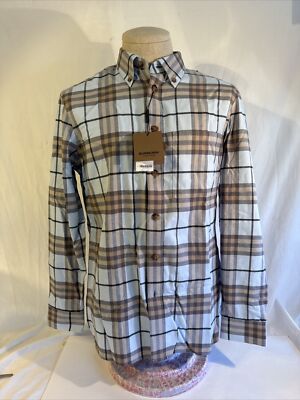 BURBERRY Men Long Sleeve Plaid Medium Shirt Button Up Pale Blue Check  Cotton NWT