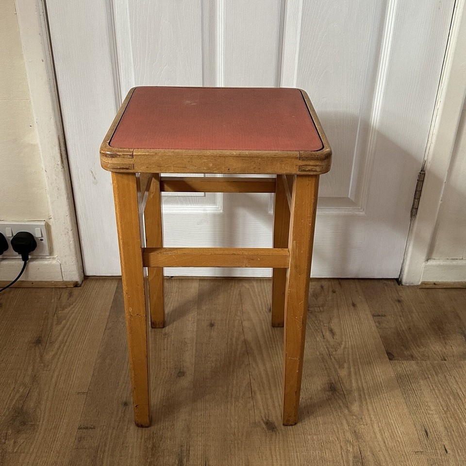Vintage Retro Stool Wooden Red Vinyl MCM Kitchen Removable Seat eBay