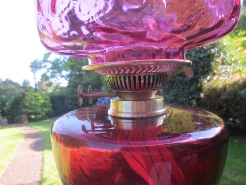Antique Cranberry Glass & Brass OIL Lamp & Original Optic Beehive oil lamp Shade - Picture 8 of 24