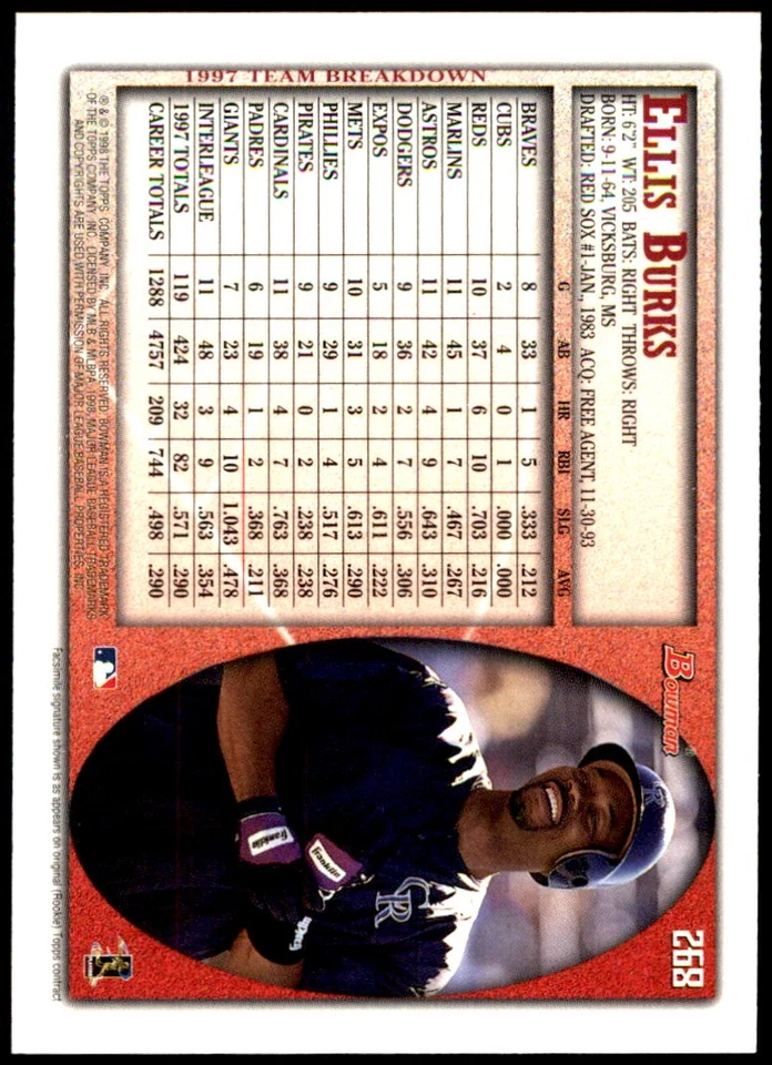 Ellis Burks 1998 Bowman Chrome #268 Rockies MLB READ FREE SHIPPING AutographDen - Image 2 of 2