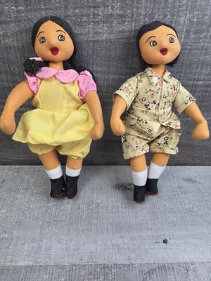 Cloth Vintage Rag Dolls Handpainted Faces 8'' Standing Brown Skin Black Hair g62