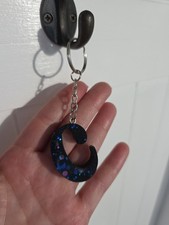 Initial New Letter Cursive C Resin Black W Sparkle Key Chain