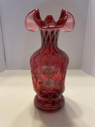 Vintage Fenton Vase Cranberry/White Pinched/Ruffled Rim Hand Painted Signed 7”