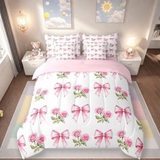 7 Pieces Pink Bowknot Kids Comforter,Rose Flowers Valentine's Twin Baby Pink