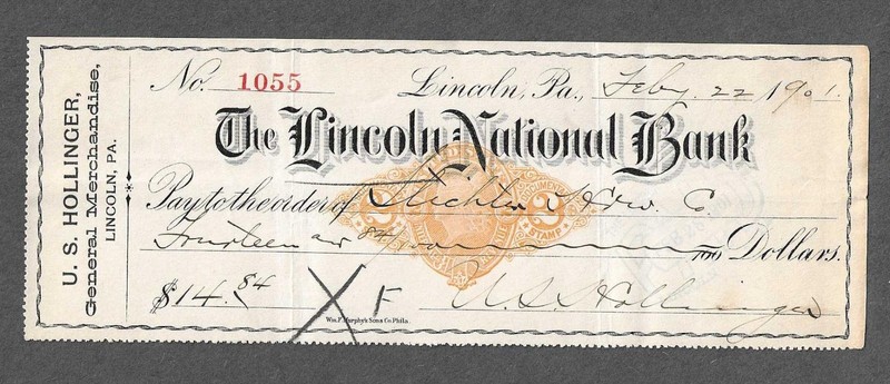1901 Lincoln Pennsylvania Bank Check RN-X7