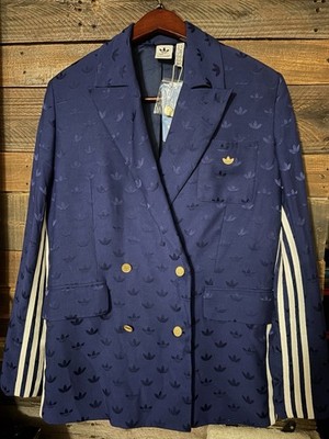 adidas Originals Monogram Jacquard Blazer Jacket Women NWT Indigo Blue Gold AUTH