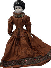 Antique China Head Doll - Orange Silk Embroidered Dress & Extra Gown - Vtg