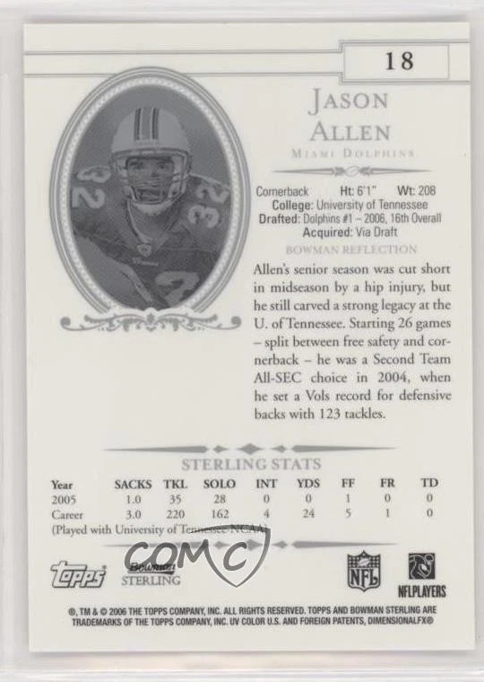 2006 Bowman Sterling Jason Allen #18 Rookie RC - Image 2 of 2