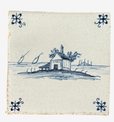 17th C Dutch Delft Blue Tile House Landscape Scene 5.5  Antique c.1650-1700