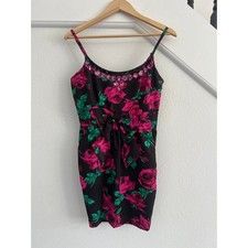 FOREVER 21 Black Floral Bow Tie Mini Slip Dress Medium Y2K Hoco Event 90s 