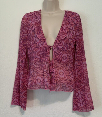 Wild Fable Womens Pink Geometric Bell Long Sleeve Tie Front Blouse Top Size S