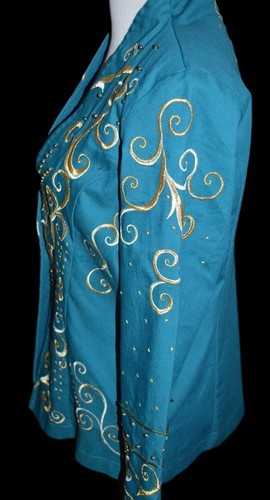 ANTTHONY "ADORA" GOLD METALLIC EMBROIDERED EMBELLISHED PEACOCK BLUE JACKET 12 - Picture 9 of 10