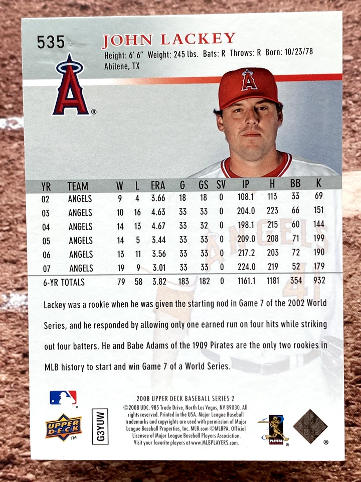 2008 Upper Deck John Lackey #535 Los Angeles Angels - Image 2 of 2